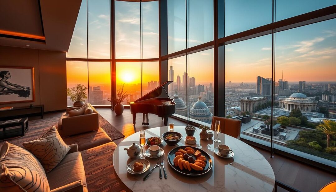 Ein luxuriöses Penthouse mit Blick auf die Skyline der Stadt bei Sonnenaufgang, opulente Möbel mit modernen Kunstwerken, ein Grand Piano in der Ecke, Glaswände, die eine wunderschön gestaltete Terrasse offenbaren, ein extravagantes Frühstück auf einem Marmortisch, subtile Hinweise auf Wohlstand und Raffinesse in der Dekoration.